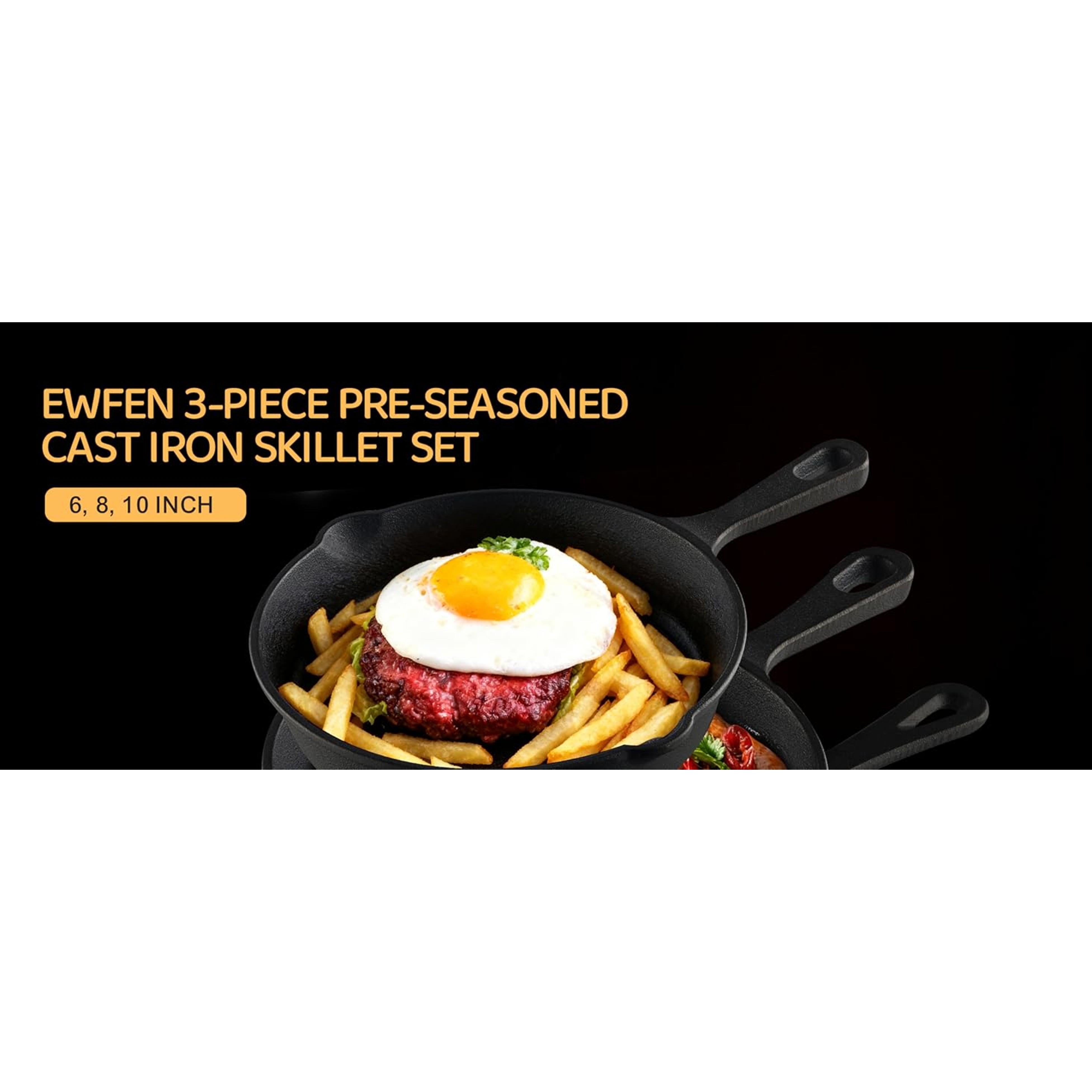 Cast Iron Skillet 3-Piece Set, Heavy-Duty Professional Restaurant Chef Quality Pre-Seasoned Pan Cookware Set, 6", 8", 10" Pans For Frying, Saute, Cooking, Use Indoor/Outdoor, Oven, Grill Cast Iron Skillet 3-Piece Set, Heavy-Duty Professional Restaurant Chef Quality Pre-Seasoned Pan Cookware Set, 6", 8", 10" Pans For Frying, Saute, Cooking, Use Indoor/Outdoor, Oven, Grill