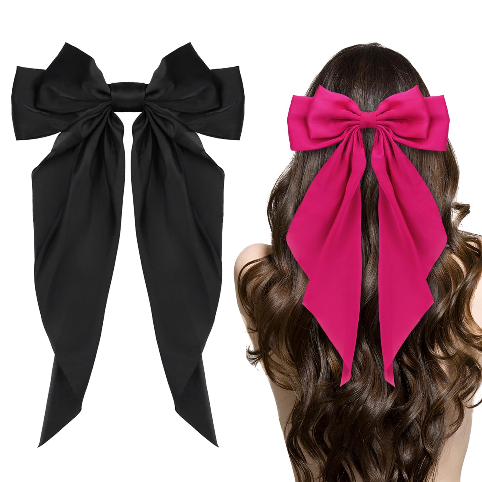 Big Bow Hair Accessories 2pcs - Long Tail French Satin Silky Barrettes for Women and Girls, Black, Burgundy, Red Bows for Birthday, Party, Show, hair clips Fashion