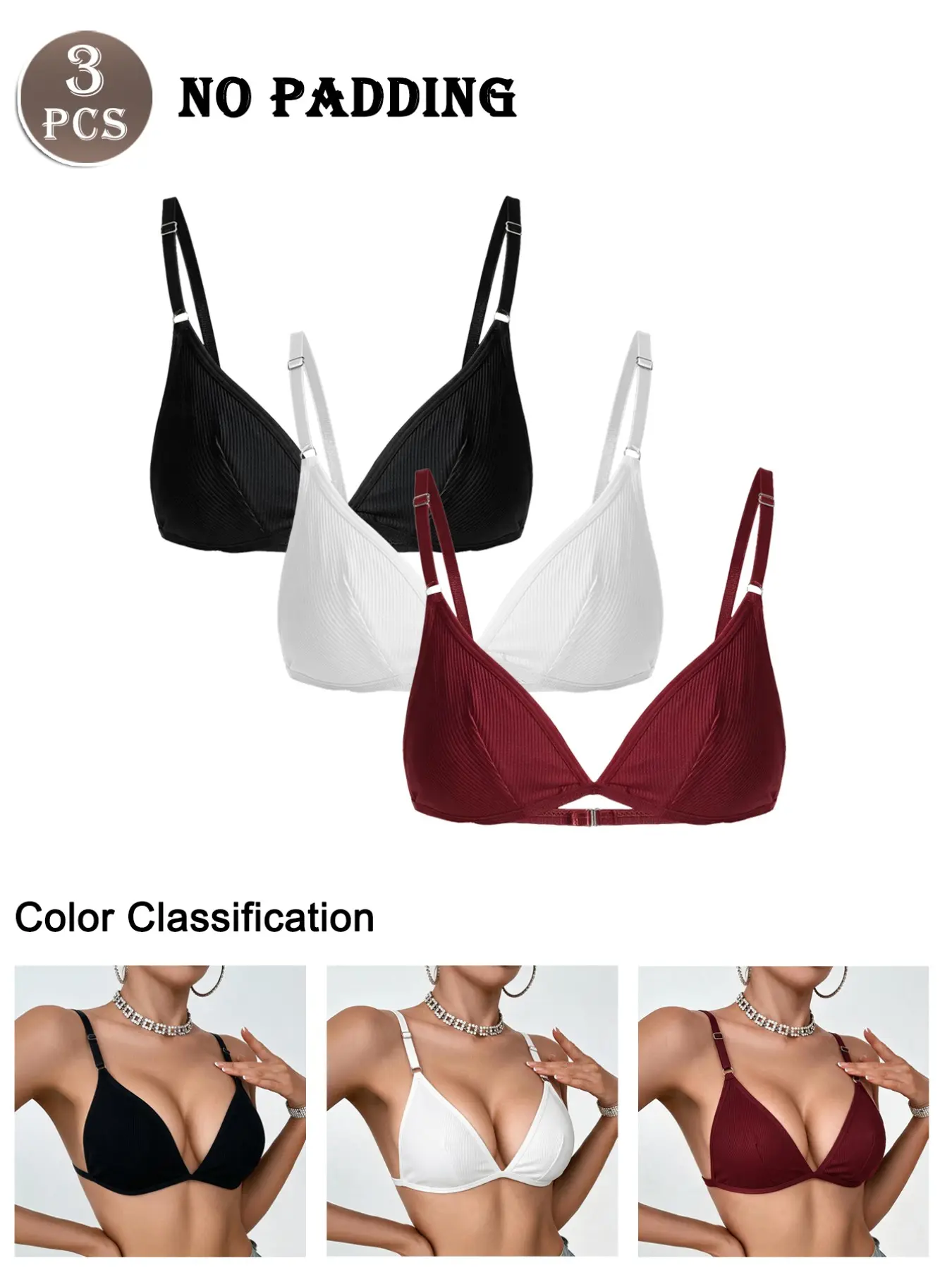 Women's Plain Wireless Triangle Everyday Bra, Adjustable Strap Backless Bralette, Soft Comfortable Lingerie Top for All Seasons