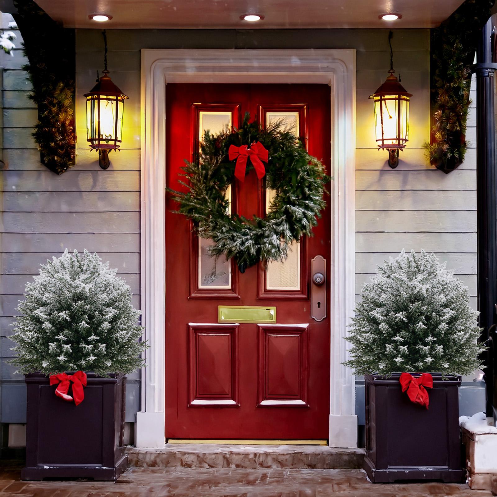 1 Pack / 2 Pack Artificial Cedar Topiary Ball Trees with Spikes, 21 Inch with Snow Christmas Outdoor Decorations, UV Resistant Artificial Plants for Porch, Patio or Flower Pots