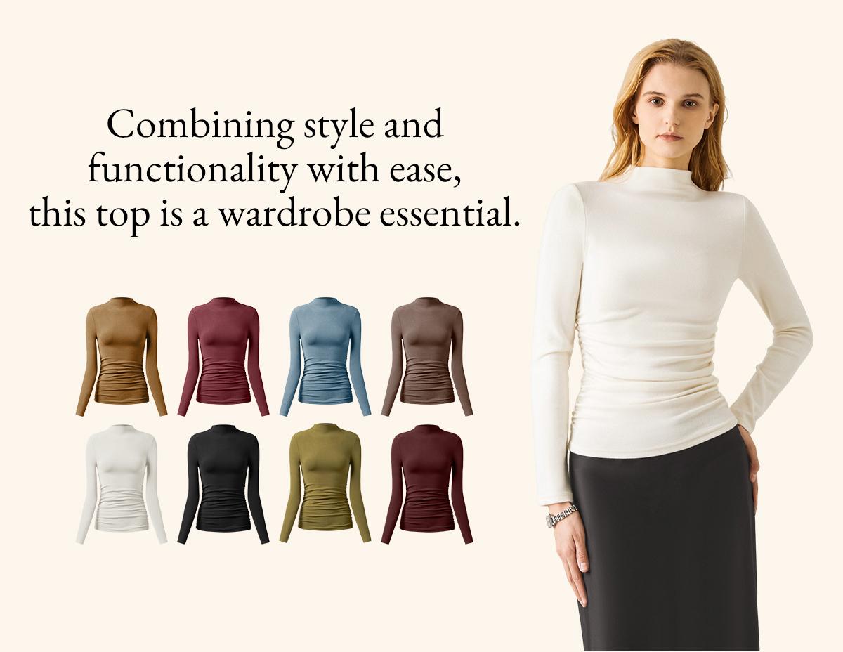 OGL Eco-Mousse Thermal Ruched Sides Tuckable Mockneck Top ProWarm 41F-59F Elegant Knit Minimalist Womenswear teacher bae outfit Clothes Clothing SpringStatements