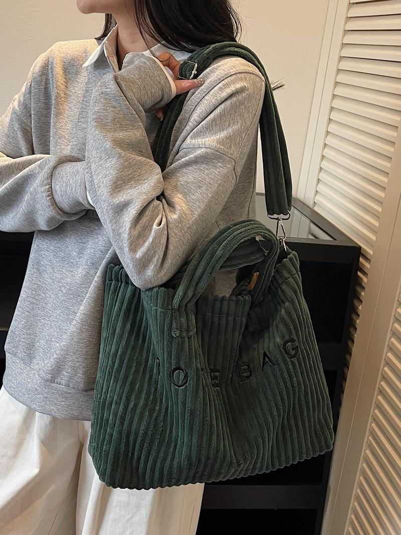 Large Capacity Corduroy Letter Design Handbag, Handbag Shoulder Purse, Casual Fashion Shoulder Bag, Work & Daily Use, Stylish Tote Bag for Fall & Winter