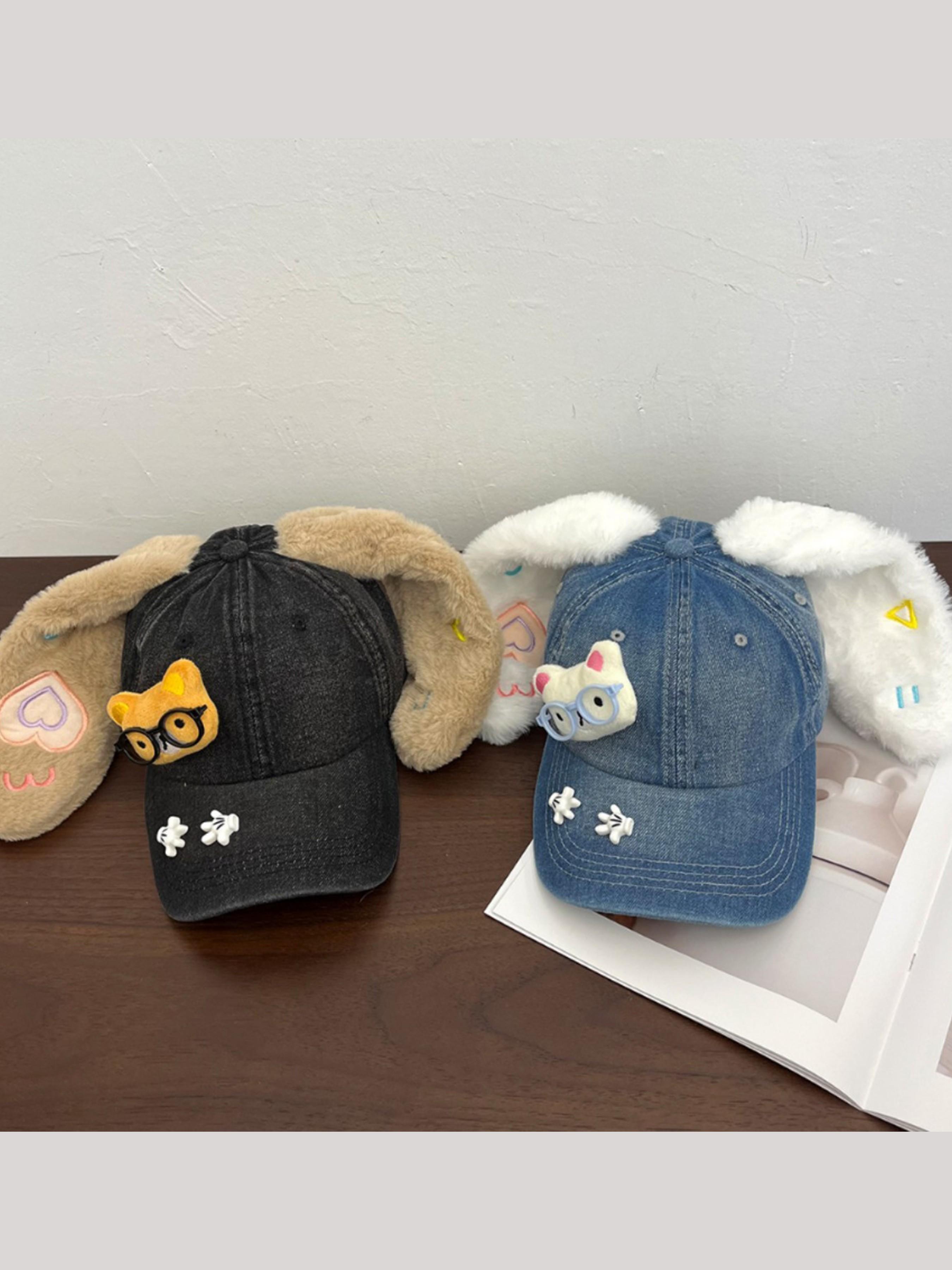 Cute Bunny Ear Baseball Cap, Plush Ears and Cartoon Animal Patch, Easter Rabbit Ear Hat, Casual Fitted Style, All Seasons