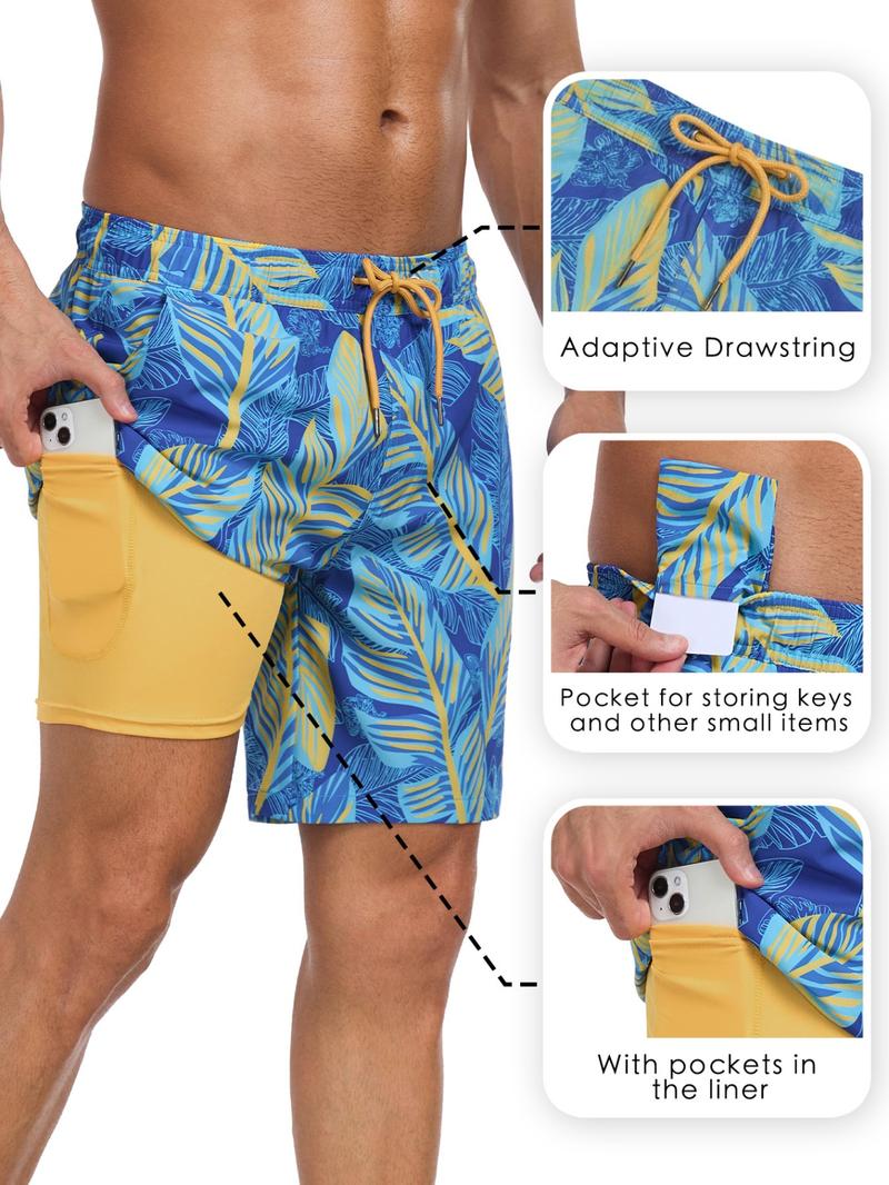 Men's 2-In-1 Swim Trunks, 7 Inch Swimming Shorts Beach Pants, Quick Dry Gym Shorts with Compression Lining, Gym Vacation Pool Wear