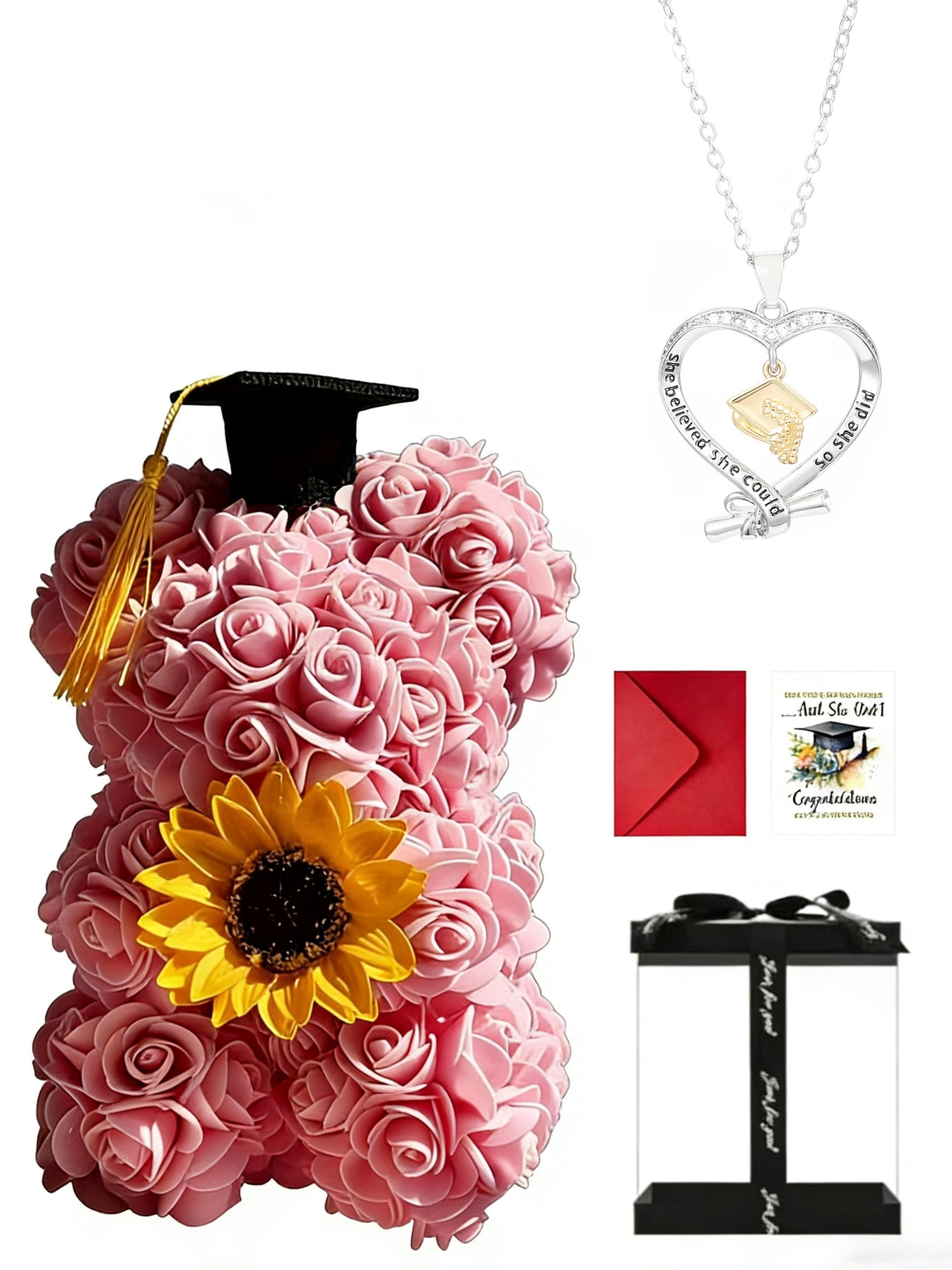 Graduation Season Creative Design Graduation Souvenir Gift, Phd Hat Necklace, Rose Flower Bear, PVC Handbag Packaging Box