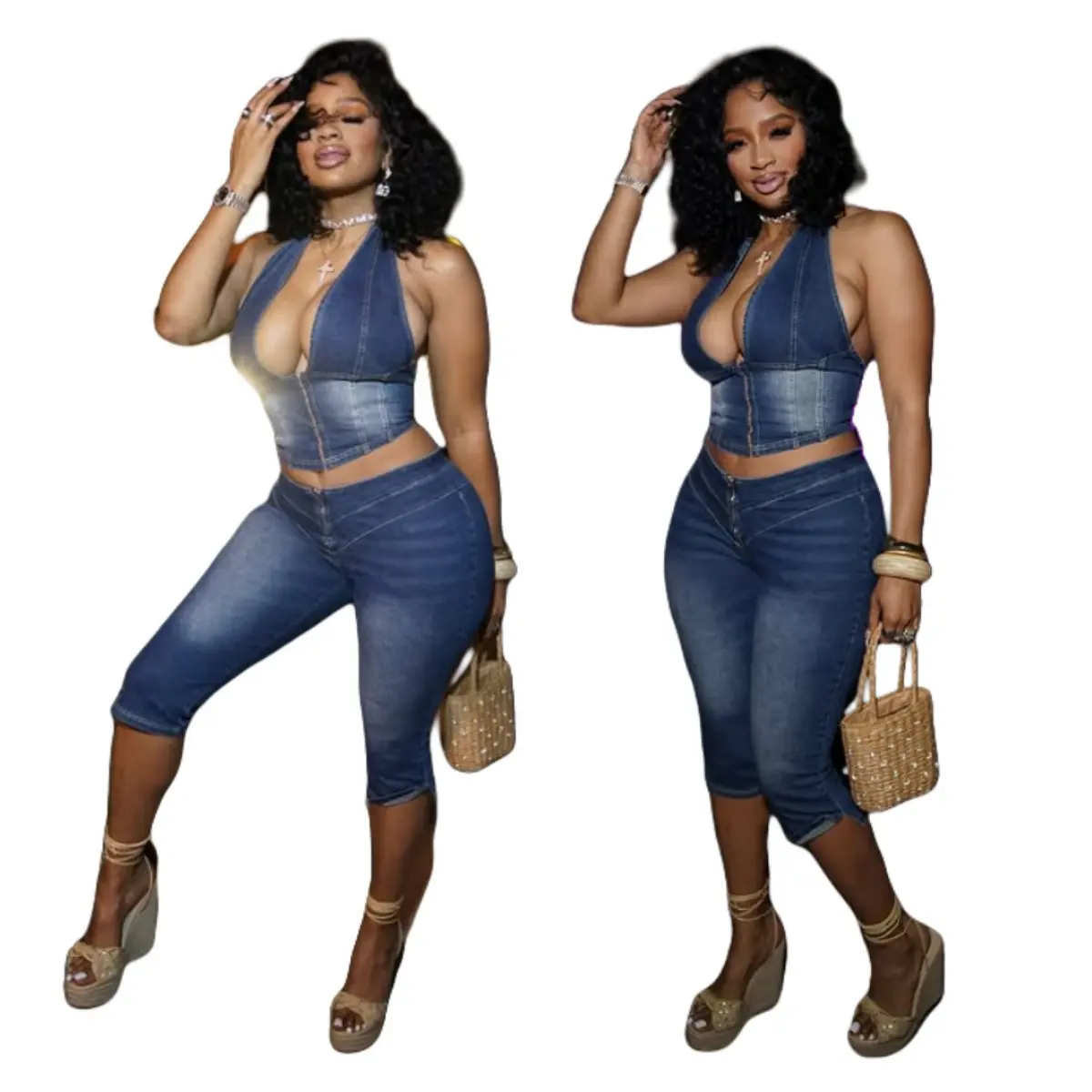 Women Fashion Stretch Denim Two Piece Outfit, New Halter Tie Strapless Bandeau Top & Capri Pants Matching Set, Slim Casual Tie Up Halter Bandeau Denim 7/8 Trousers Co Ord Set, Trendy Summer Streetwear Matching Suit For Ladies Daily Going Out