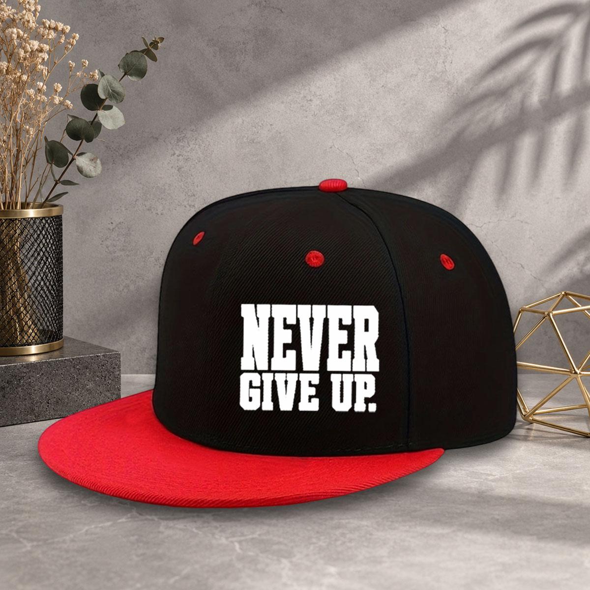 Unisex baseball cap with minimalist text "Never Give Up" printed flat brim design, multiple colors to choose from, adjustable size with code