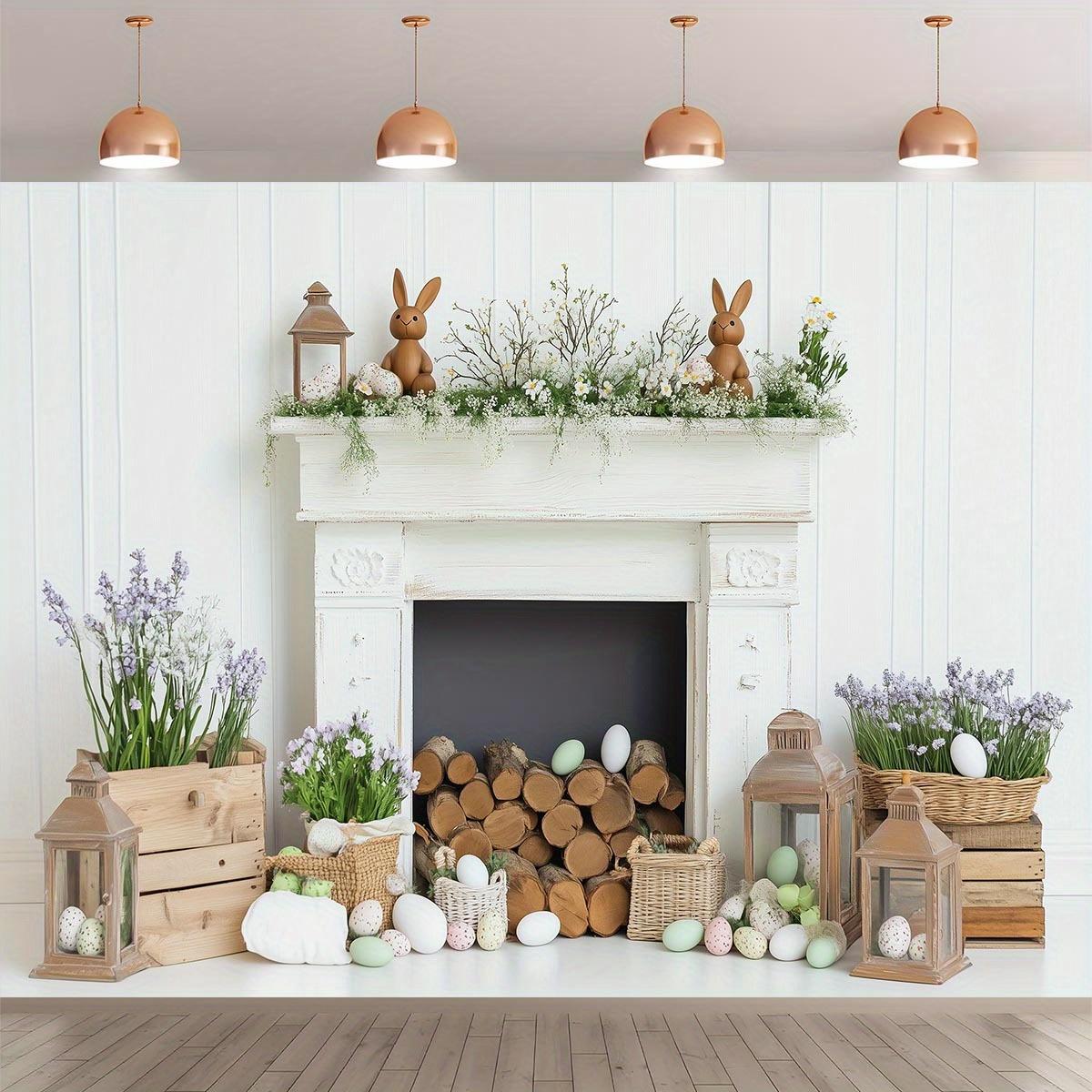 1pc White Fireplace Easter Bunny & Eggs Backdrop Banner - Rustic Spring Decor with Greenery, Wooden Logs & Lanterns for Home, Garden, Parties & Themed Events, Easy Hanging Indoor/Outdoor Use, Festive Backdrop | Springtime Ambiance | Pastel Colored