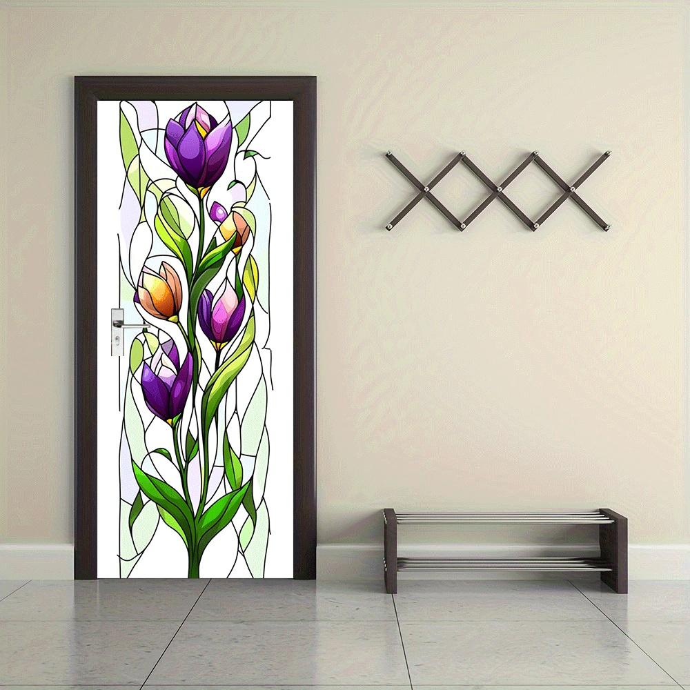 2pcs   Stained Glass Style Tulip Flower Wall Stickers for Home Decor Self Adhesive Removable Vinyl Decals for Living Room Bedroom Door Window Mural Art Decorations Purple Pink Green Floral Decor  C