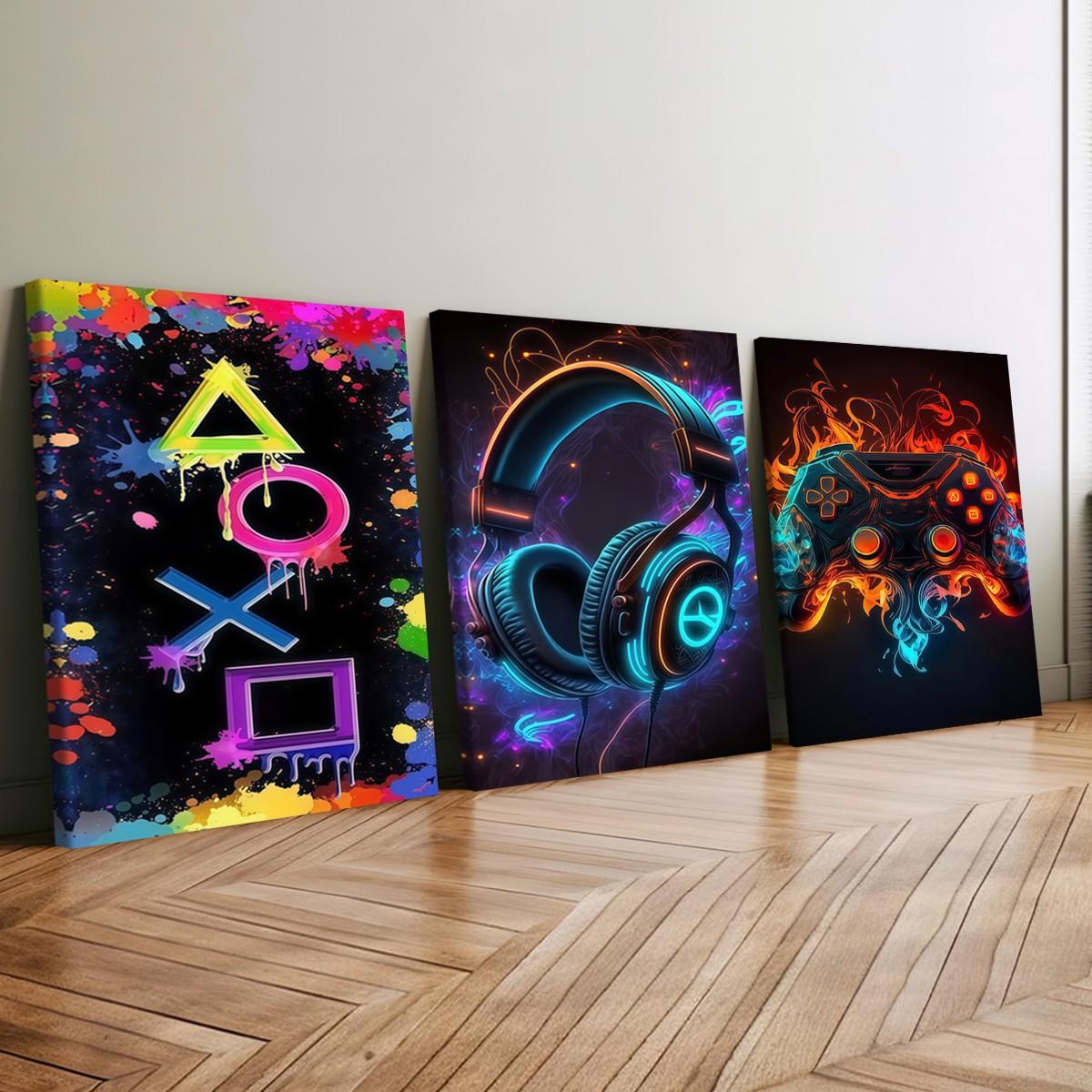 3-count wooden frame canvas, neon ink-wash game buttons, headphone controllers, e-sports triple poster, fashionable art, modern art, home decoration painting, Framed Home Decor, exquisite living room, bedroom and office wall art, waterproof art