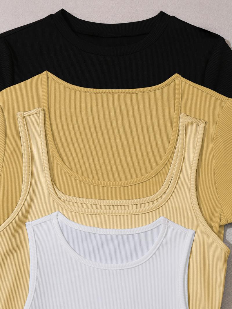 Women's Plain Scoop Neck Tank Bodysuit & Tee Bodysuit with Open Crotch Design, Stretchy Bodysuit, Casual Ribbed Bodysuit for Summer, Ladies Clothes for Daily Wear