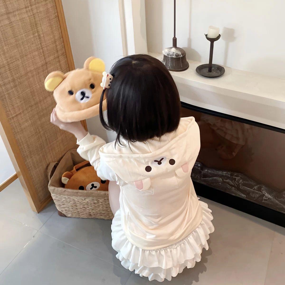 Spring Summer New Cute Bear Ears Zip Up Hoodie Japanese Sweet Girl Casual Loose Sweatshirt Women Cardigan Anime Hoodie Y2k Top