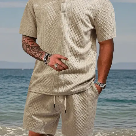 Two-Piece Set Men's Solid Color Textured Short Sleeve Polo Shirt & Drawstring Waist Shorts Set, Regular Fit Casual Fashion Cozy Breathable Two-piece for Summer, Men Clothes Set for Beach Vacation