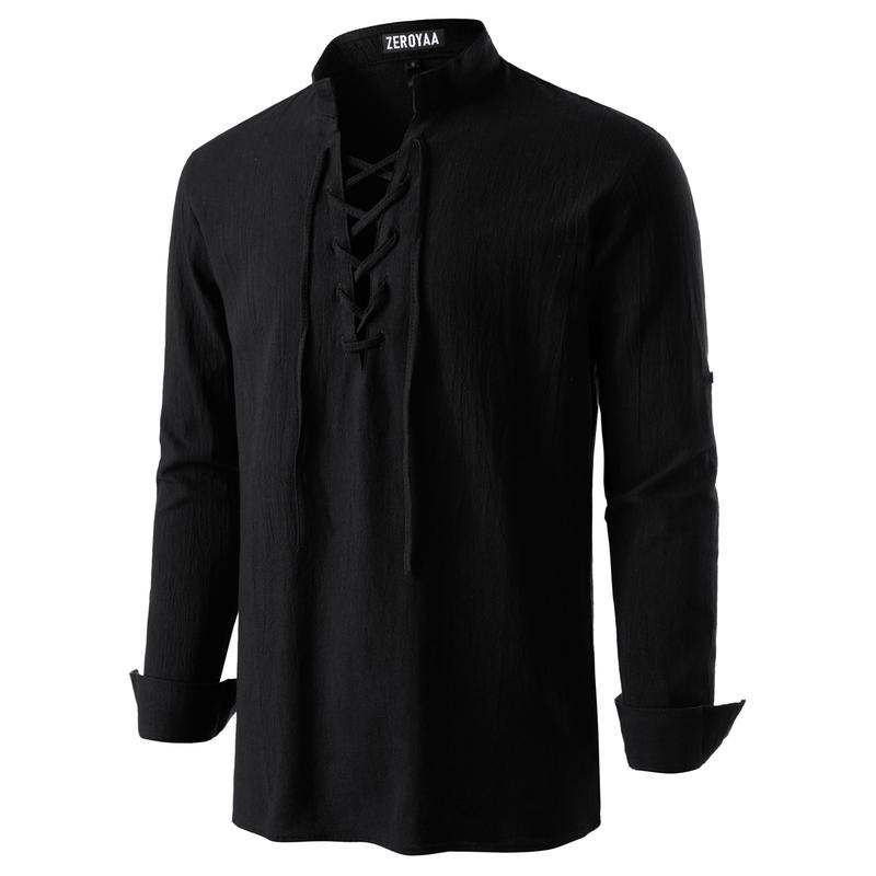 ZEROYAA Men's Medieval Vintage Long Sleeve Lace Up Shirt Renaissance Costume for Halloween Viking Pirate Cosplay Casual Menswear Funny Shirts Cotton High Quality Beige V-Neck Banded Collar Roll-up Sleeves ZEROYAA Men's Medieval Vintage Long Sleeve Lace Up Shirt Renaissance Costume for Halloween Viking Pirate Cosplay Casual Menswear Funny Shirts Cotton High Quality Beige V-Neck Banded Collar Roll-up Sleeves