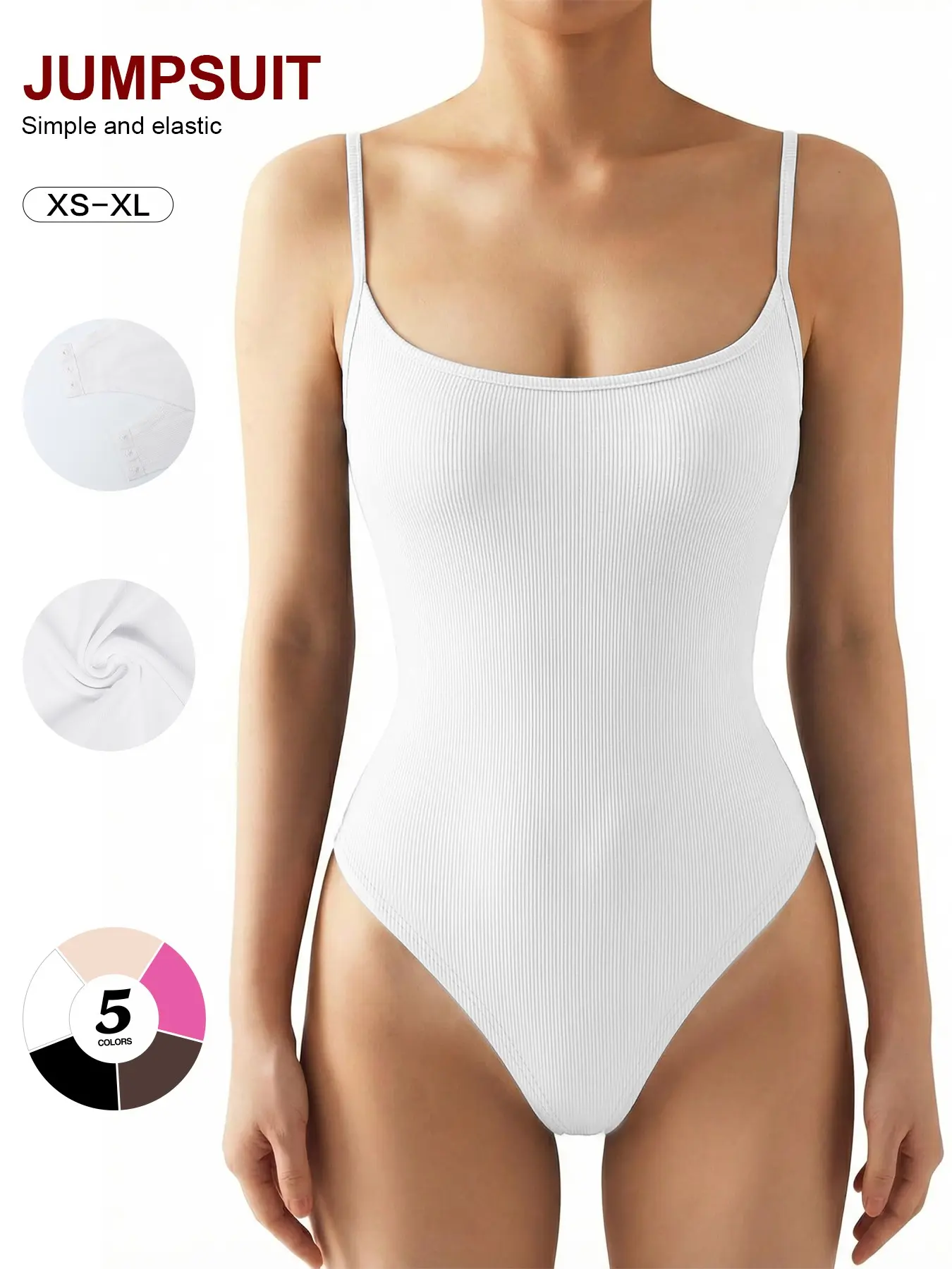 Women Spaghetti Strap U-Neck Bodysuit, Elastic Slim-Fit Cami Tank Jumpsuit, Casual Romper for All Seasons, Organic Textile, Plain Surface