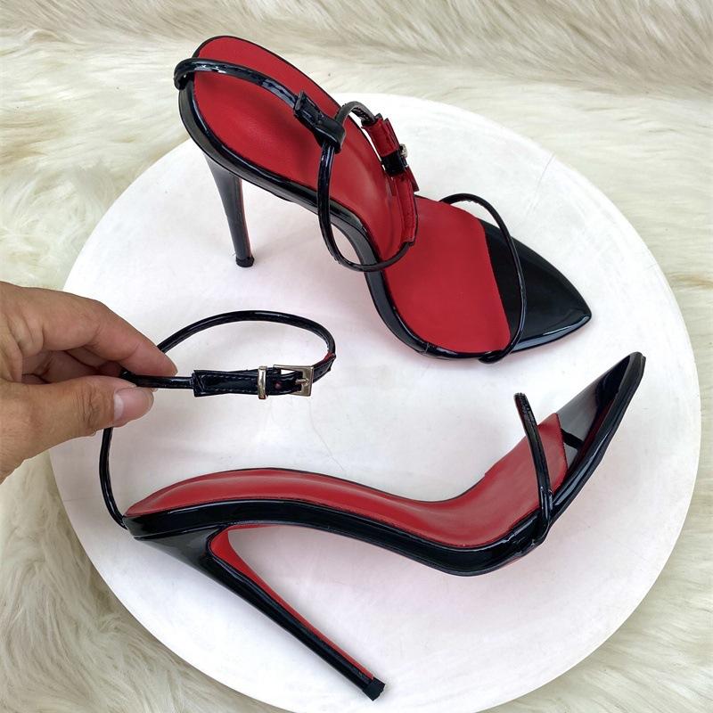 2026 New Minimalist Line Curved Straight Strap 10cm Ultra High Heel Sandals Sexy Wristband Large Size Thin Heel 10cm Red Bottom Women Girl