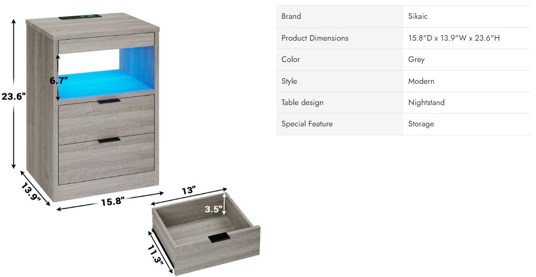 Sikaic Nightstand With Pull-Out Shelf Wireless Charging Station And LED Lights led nightstand Furniture Bedroom Bedside Table Drawer Storage Modern Minimal Home Wood