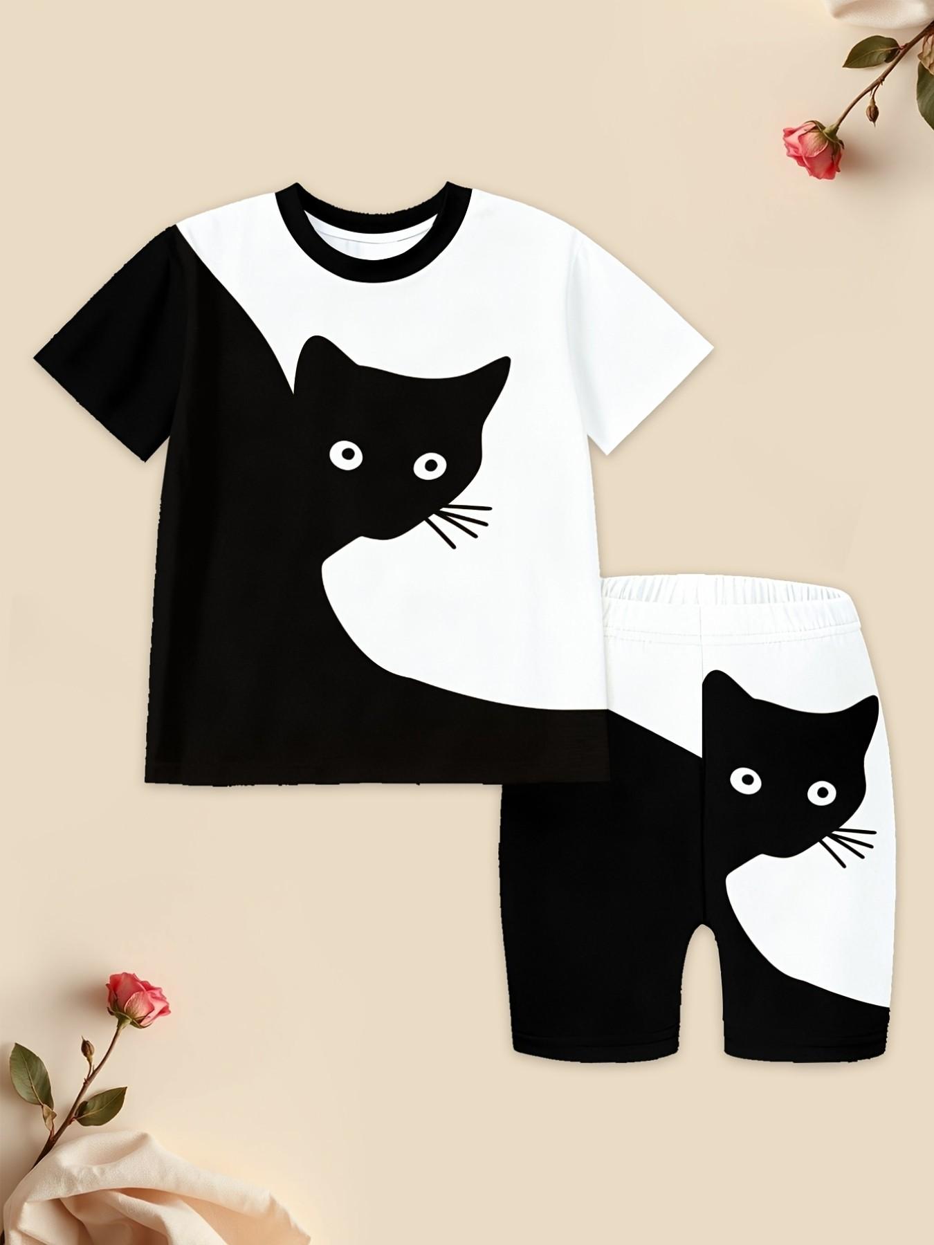 Korean Style Girls Cartoon Cat Colorblock Short Sleeve & Biker Shorts Set Summer Soft Kids 2Pcs