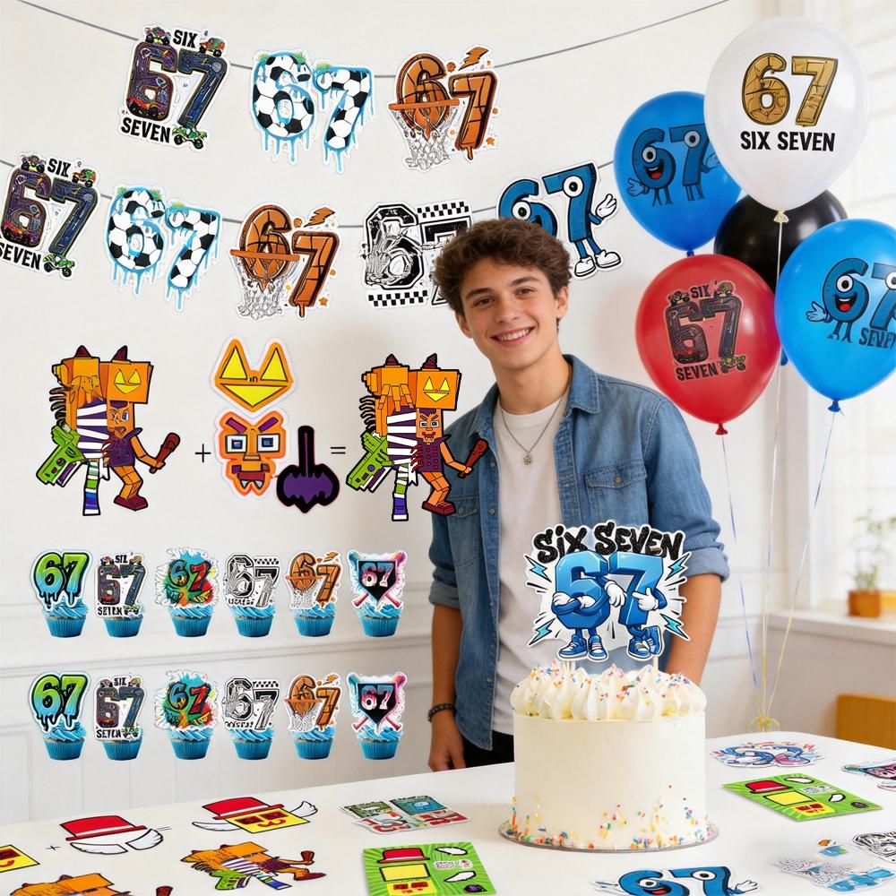 Hot Funny Abstract Six Seven Meme Theme Birthday Decorations ，Brainrot Meme &67 Themed party supplies Set Includes Banner, Cake Topper, Cupcake Toppers, Ballons，8 Sheets Make a Face Diy Sticker,Suitable for cartoon-themed birthday party events