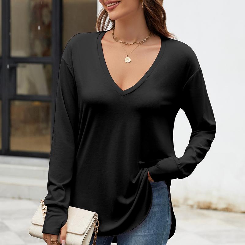 Aswulk Womens Deep V Neck Tunic Tops Long Sleeve Oversized Casual Loose Fit Curved Hem T Shirts