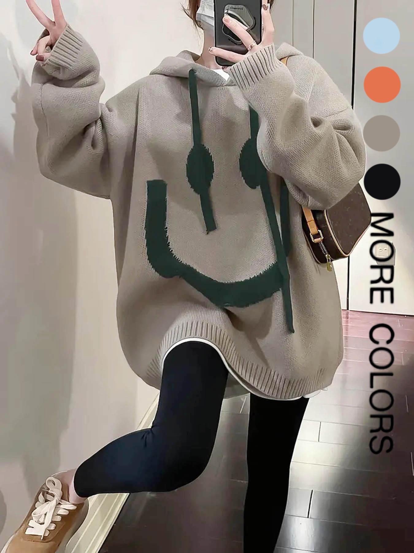 Women's Cartoon Face Print Drop Shoulder Hooded Knitted Sweater, Fashion Casual Long Sleeve Drawstring Hooded Sweater for Daily Holiday Outdoor Wear, Women Knitwear for Fall & Winter, Sweaters for Women