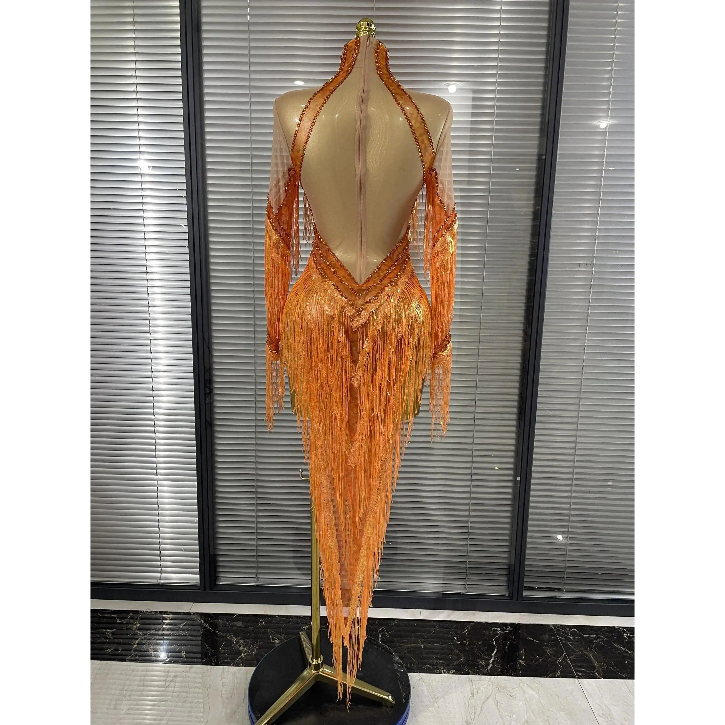 Sparkly Rhinestones Sequins Tassel Women Long Sleeve Sexy Bodycon Long Dress Fringes Latin Dance Performance Costumes Stage Wear