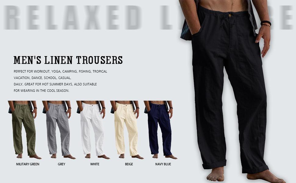 Runcati Men's Cotton Pants Yoga Beach Loose Summer Elastic Waist Drawstring Loose Pants with Pocket