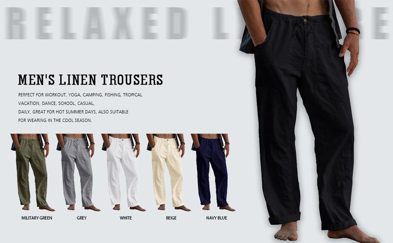 Runcati Men's Cotton Pants Yoga Beach Loose Summer Elastic Waist Drawstring Loose Pants with Pocket