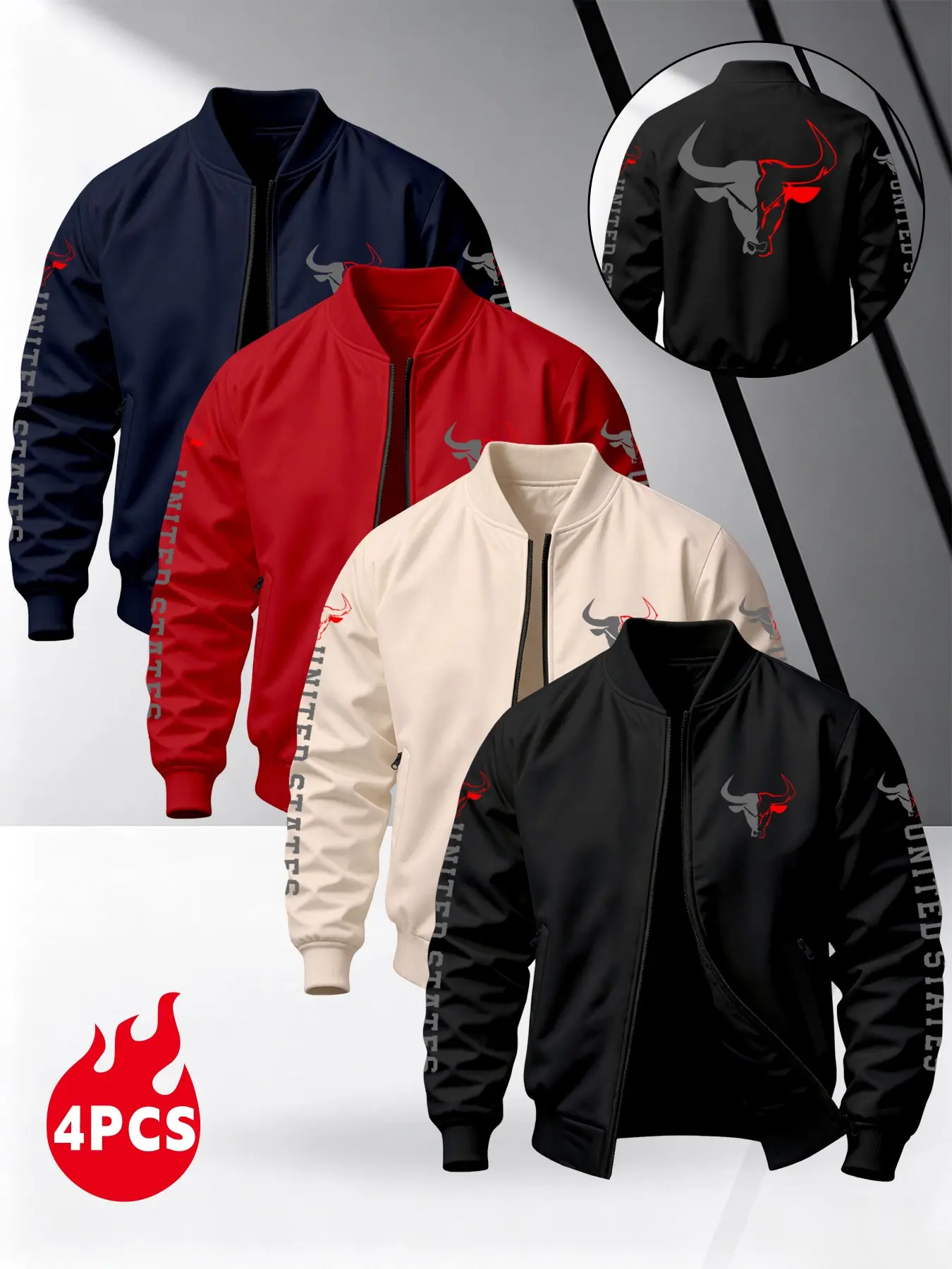 Men's Colorblock Bull Print Flight Jacket, United States Letter Spring Fall Sporty Casual Outerwear, Four Colors Available, Zipper Baseball Coat