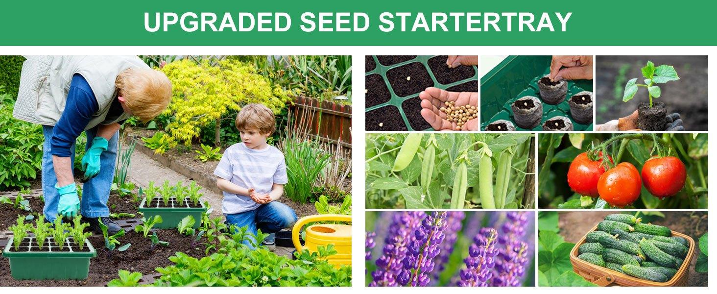 Plastic Seed Starter Tray Kit with Grow Light - 4 Pack 12-Cell Plant Trays, Humidity Domes, Base, Mini Greenhouse Propagator for Indoor Seed Germination, Vegetable Flower Cultivation