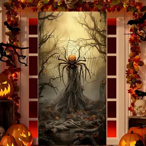 Halloween Door Banner Giant Spider Background Curtain, Washable PU Fabric, Easy Installation, 70.87x35.43 Inches, Perfect for Party Decorations