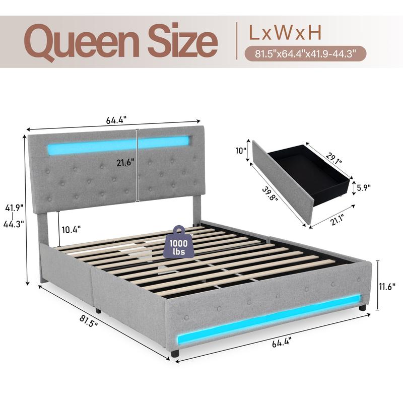 King/Queen LED Bed Frame with 4 Storage Drawers and 2 USB Ports, Modern Upholstered Button Tufted Headboard Bed Frame, Solid Wooden Slat Support, No Box Spring Needed, Dark Grey/Light Grey