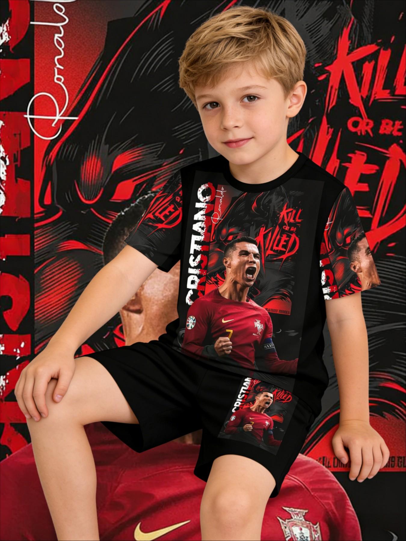 Boys' Colorblock Set, Cristiano Ronaldo 7 Celebration, Casual Summer, Full Print Design, Party & Sports Wear