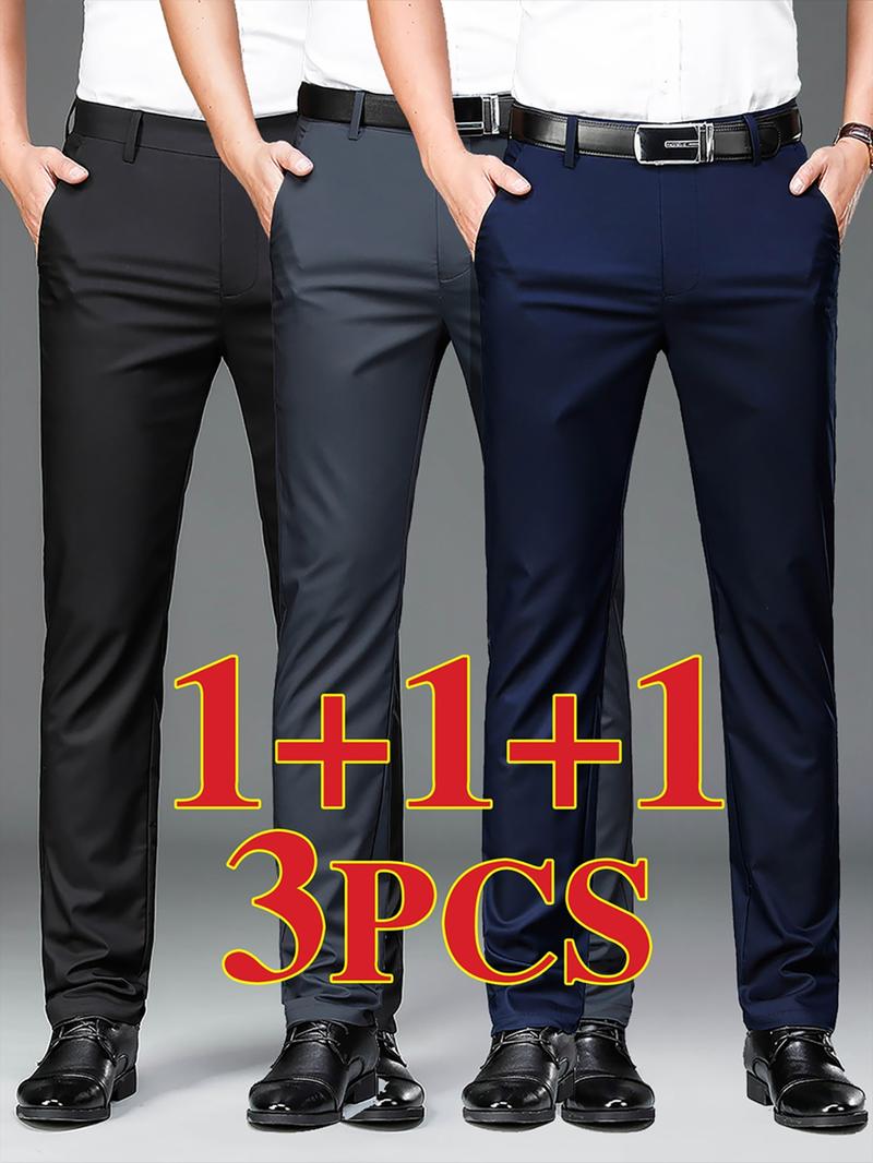 Men's New Loose Straight Leg Elastic Plain Business Pants, All Seasons, Anti-Wrinkle Comfortable Casual Workwear, Casual Fashion Trousers, 3 Piece Set Men's New Loose Straight Leg Elastic Plain Business Pants, All Seasons, Anti-Wrinkle Comfortable Casual Workwear, Casual Fashion Trousers, 3 Piece Set