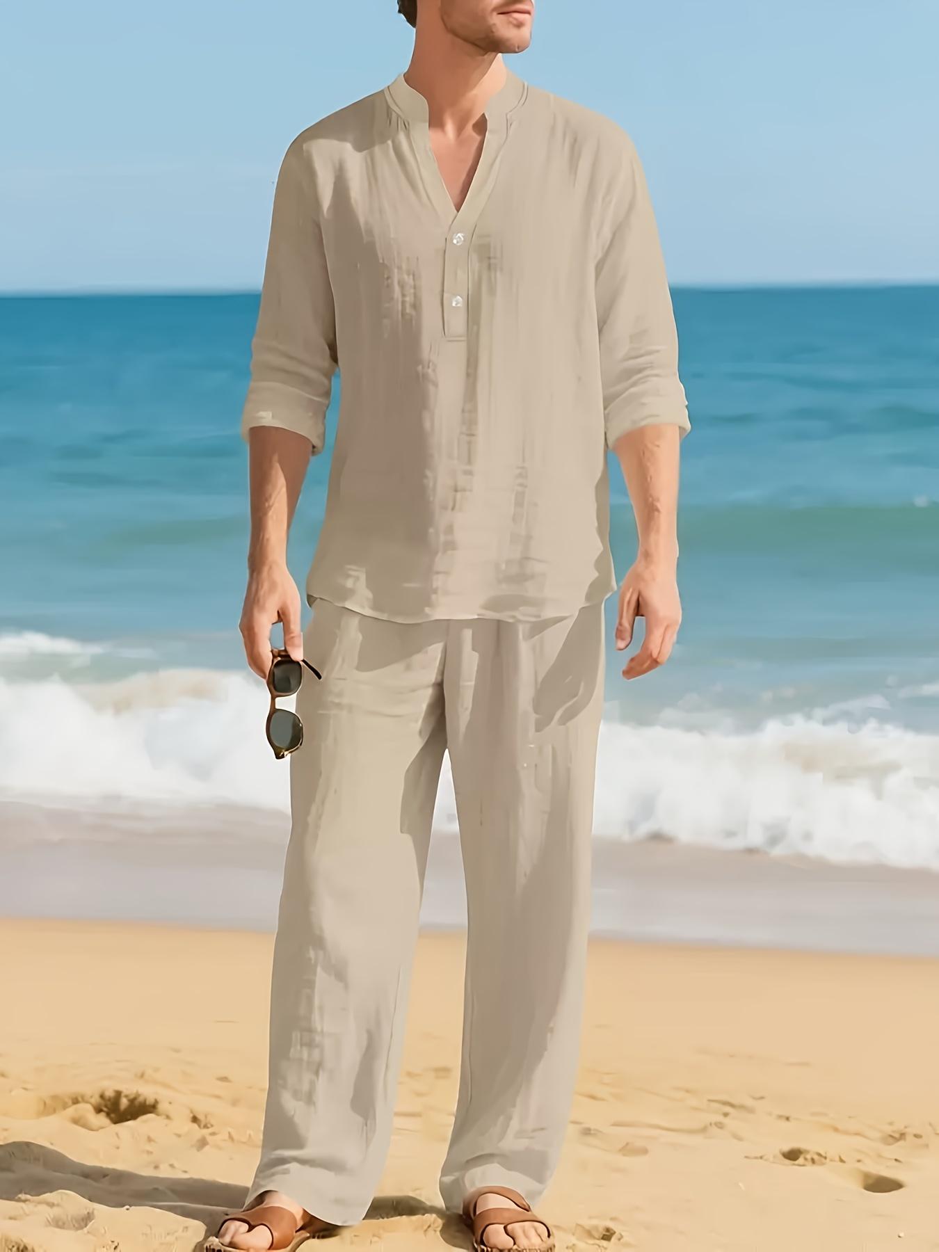 Men's 2-Piece Linen Pajamas & Loungewear Set - Long Sleeve, V-Neck, Loose, Breathable, Casual Menswear for Autumn, Winter