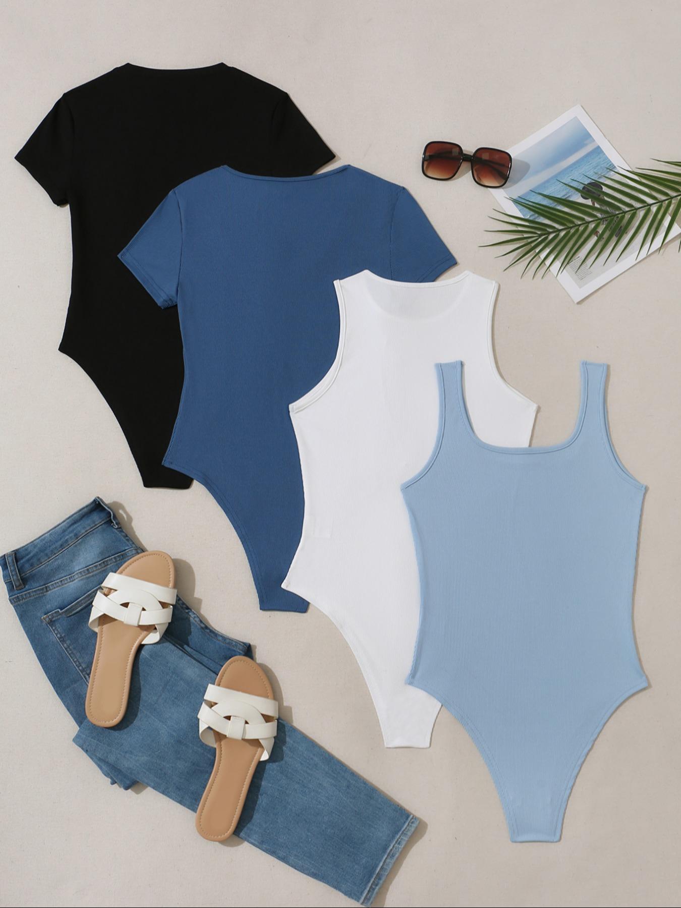 Women's Plain Scoop Neck Tank Bodysuit & Tee Bodysuit with Open Crotch Design, Stretchy Bodysuit, Casual Ribbed Bodysuit for Summer, Ladies Clothes for Daily Wear