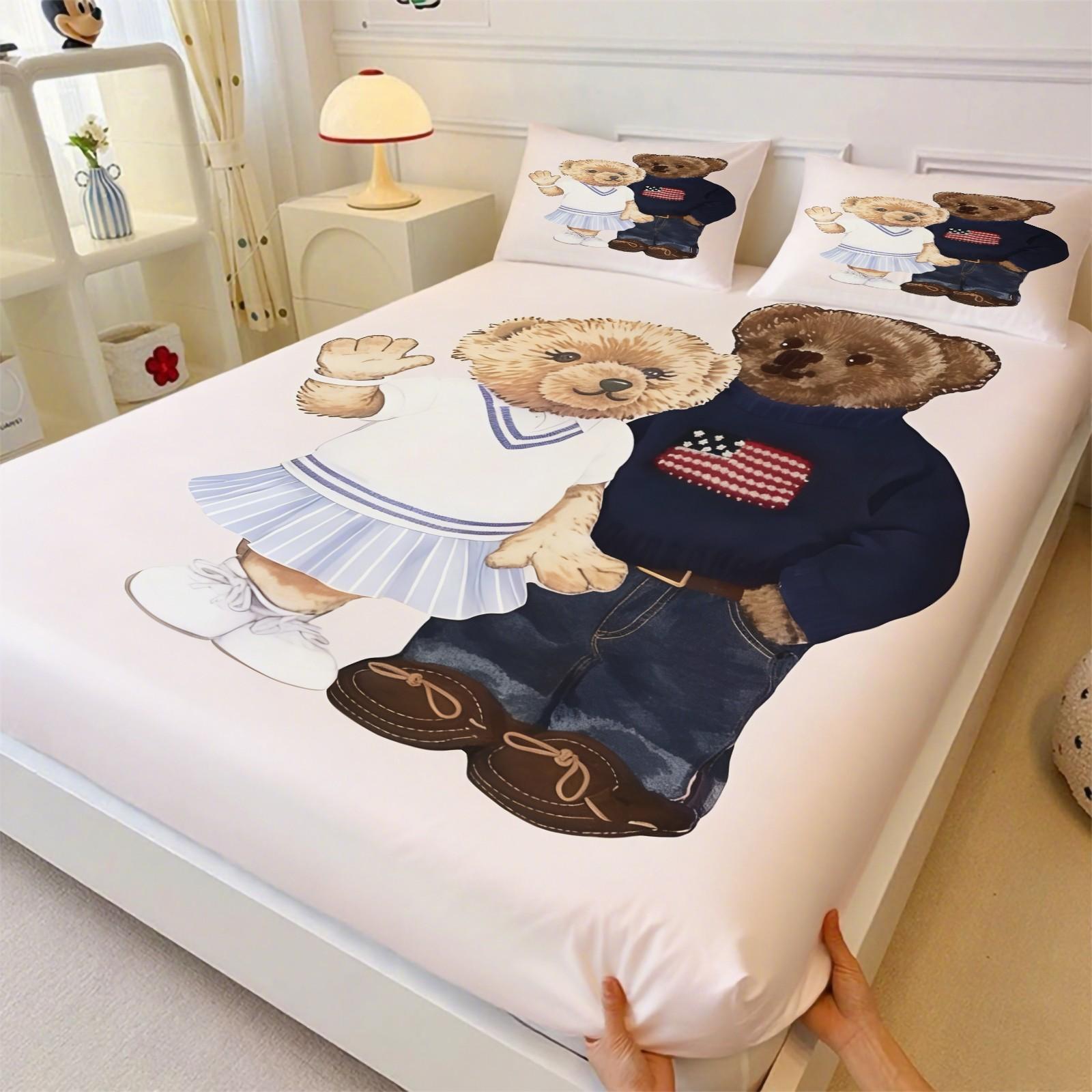 Teddy Bear Flower Pattern Bed Sheet, Comfortable Printed Pattern, Includes 1 Bed Sheet and 2 Pillowcases, Comfortable Bedding, Non slip Dust Cover Suitable for Bedroom and Guest Room, Suitable for Adult Gifts