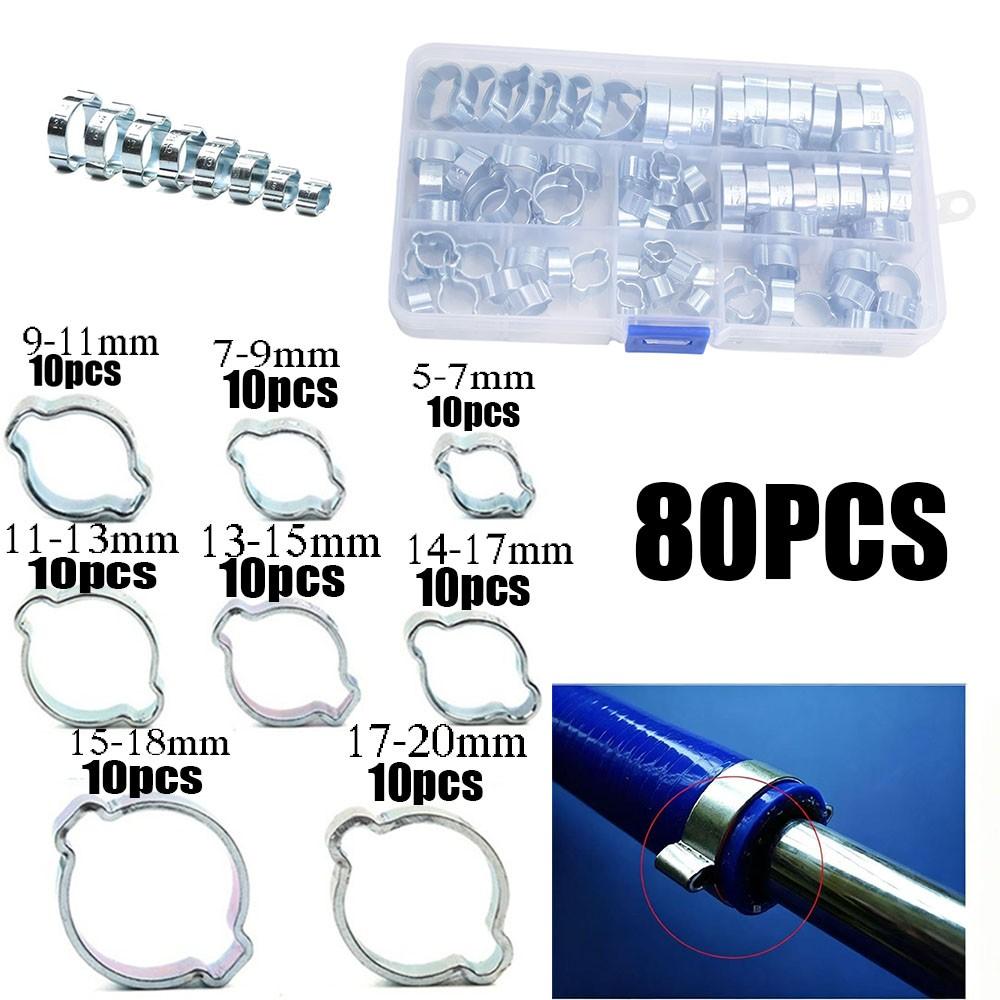 80pcs Dual Ear O-Ring Clamps for Air Fuel Hose, Gasoline Tube Clips, 5-20mm, Durable and Reliable, Ideal for Automotive Use