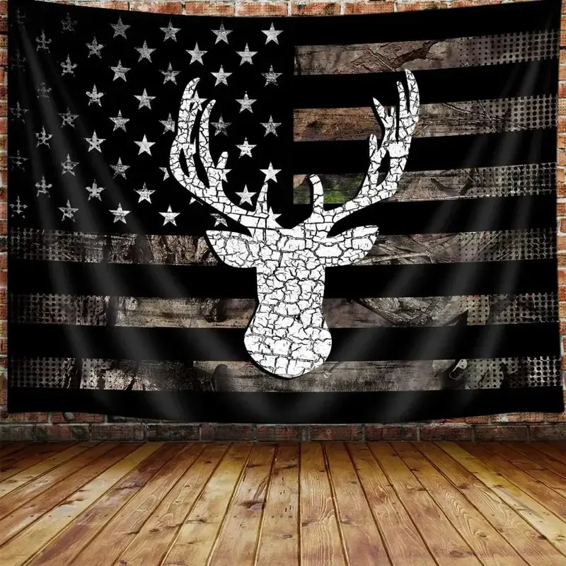 American Flag Hunting Tapestry, Western Black and White Country Deer Tapestry Wall Hanging for Men Bedroom Room, Rustic Camo Tapestries Poster Blanket College Dorm Home Decor 60X40 Inches Design Art