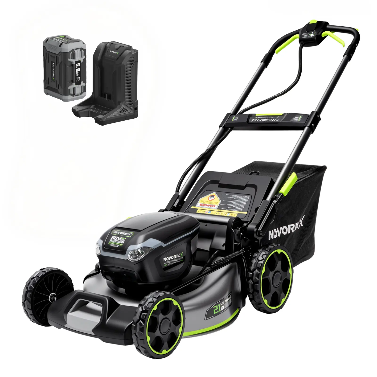 NovorikX 60V Cordless Lawn Mower with 2X5.0Ah Battries, 21" Self Propelled Electric Lawn Mower, Brushless Motor, LED Headlight 3 in 1 Mulching Bagging Side Discharge Obsidian Black