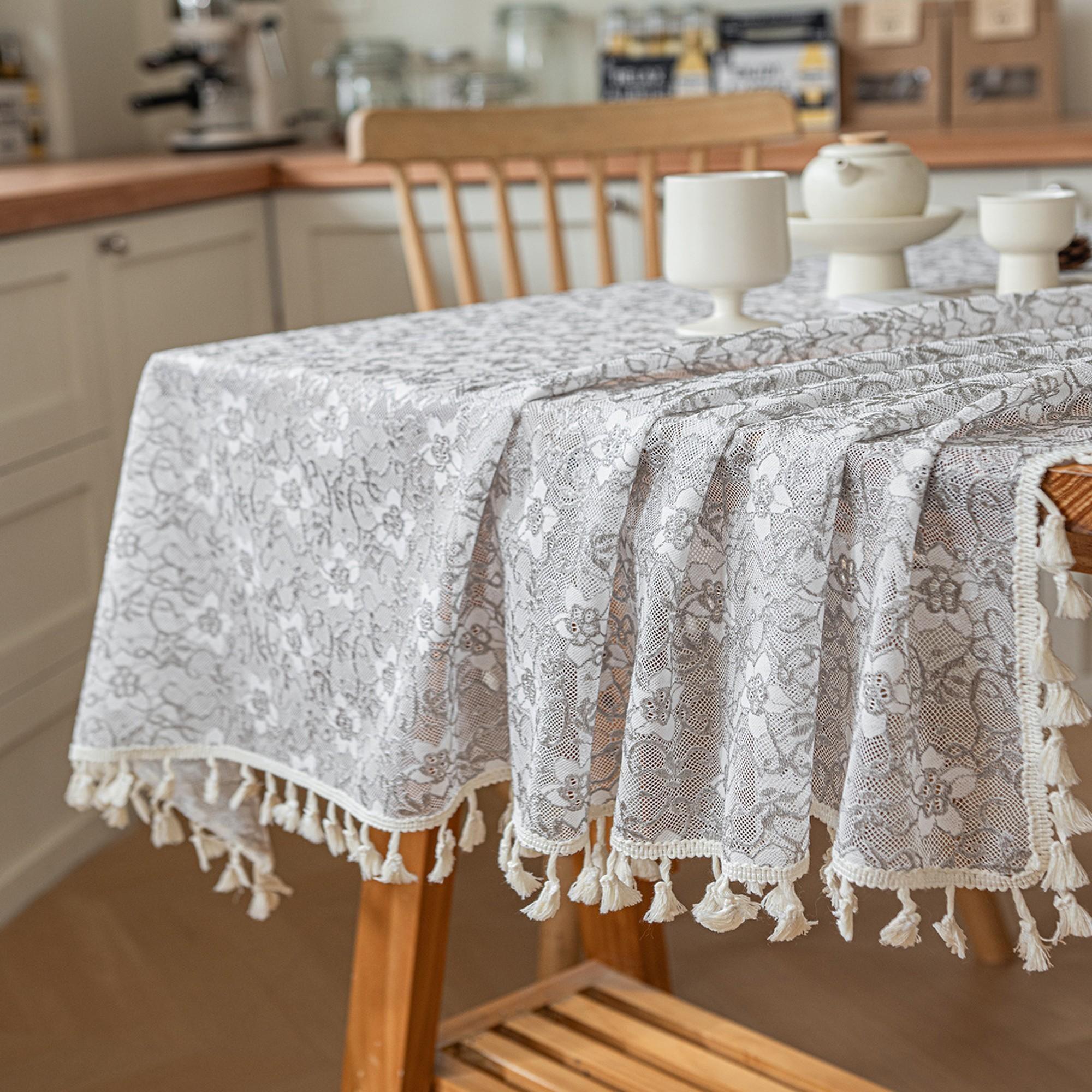 1pc Rustic Lace Fringe Tablecloth, Square Rectangle Camellia Cutout, Vintage Farmhouse Style, European French Retro Design