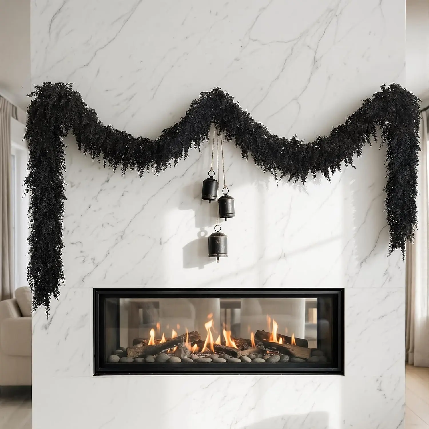 9 FT Halloween Cedar Garland, Black Real  Soft Christmas Decorations | Realistic Thick Full Lush Artificial Garland, Fireplace Mantel Staircase Railing Front Door Porch Window Indoor Decorations