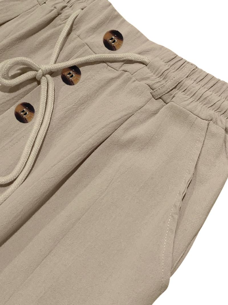 Men's Solid Button Design Linen Pants, Casual Comfy Breathable Trousers for Beach Vacation Holiday, Men's Bottoms for Summer