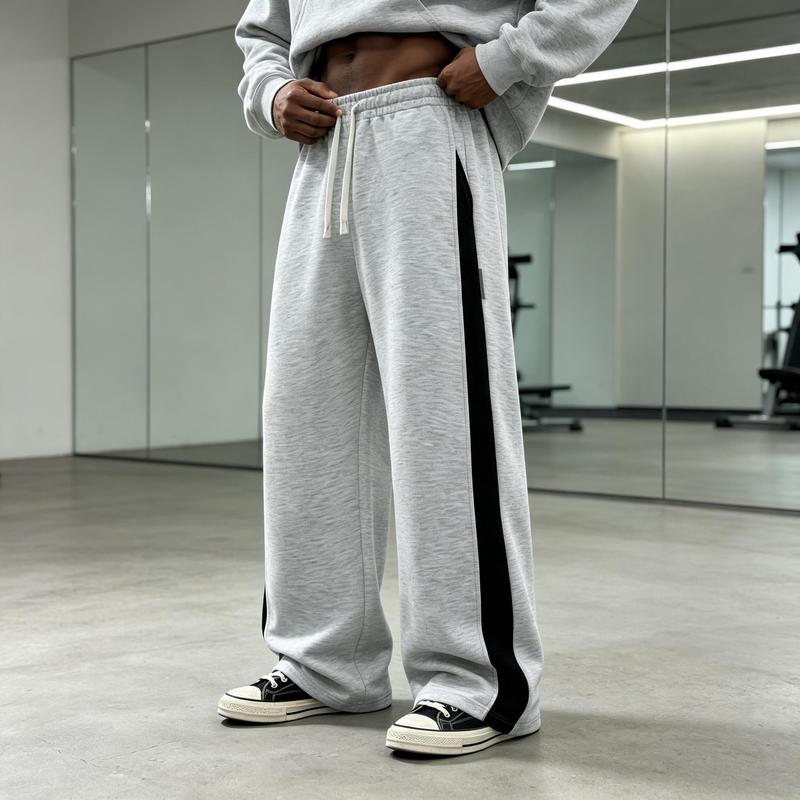 Men's Wide Leg Polyester Blend Joggers - Male Clothing, American Streetwear Breathable Casual Trousers with Contrast Black Side Stripe, Drawstring Waist, for Daily Workout & Universal Sport Outfits