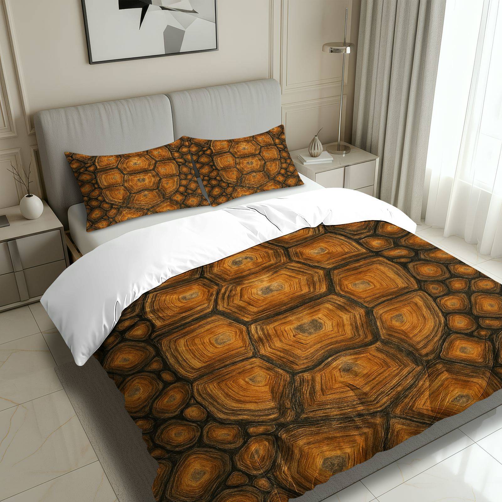 3PCS Duvet Cover Set, 1 Duvet+2 Pillowcases(Without filler), Tortoise Shell Hexagonal Retro Nature Earthy theme, Thanksgiving bedding set, decorative bedding Suitable for decoration bedroom, guest room, hotel room, vacation home.
