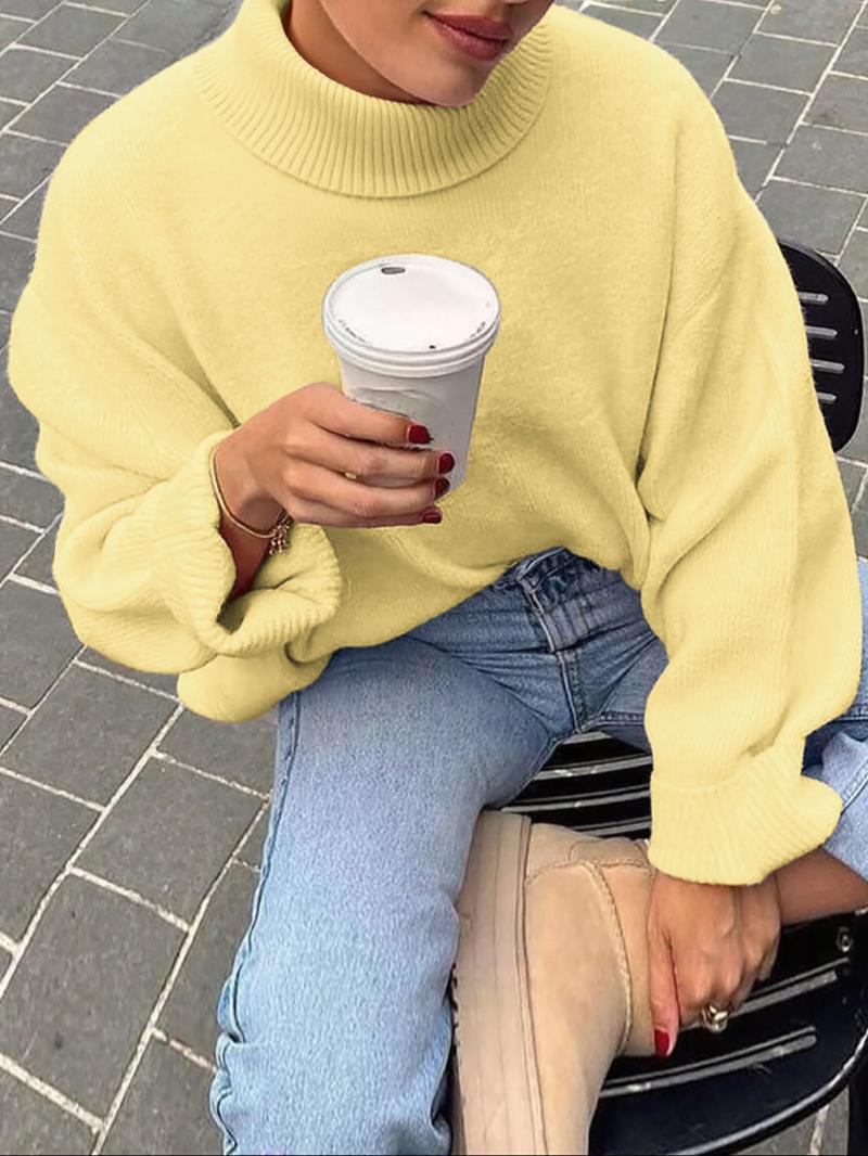 Solid Color Casual High Neck Long Sleeve Sweater, Thin Fabric Fitted Style for Fall & Winter, Comfortable Women's Knitwear, Knitted Clothes