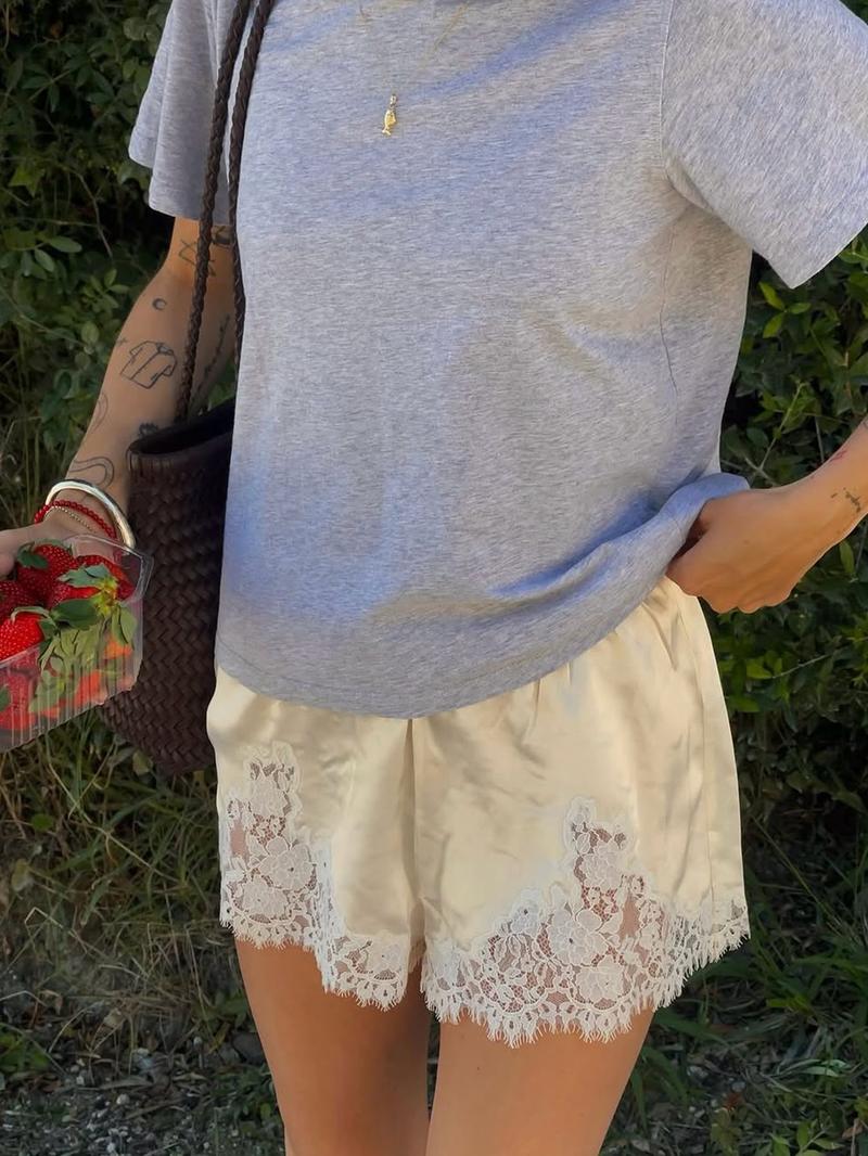 Women's Satin Silk Lace Shorts, Mid-Waist Mini Skirt, Luxurious Party Dress, French Style, Fashion Versatile Pants