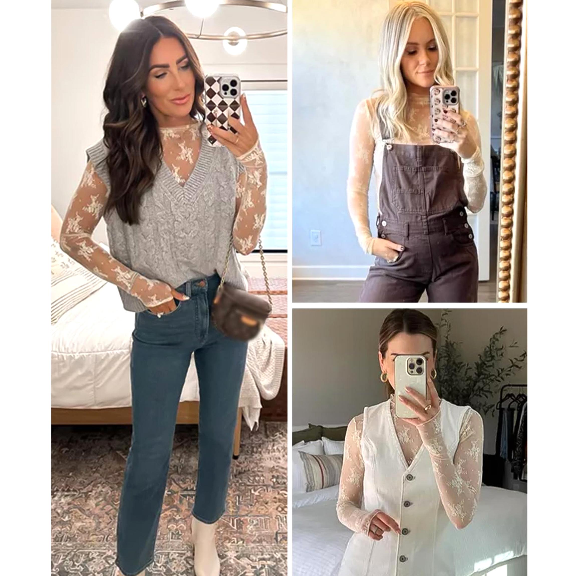 Buenoble Womens Mesh Long Sleeve Tops Crew Neck Sexy See Through Lace Sheer Floral Blouse for Party Club Night Out SpringStatements