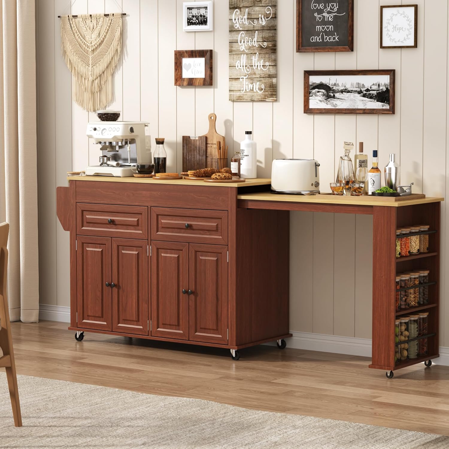 80"-48" Extendable Kitchen Island with Extended Dining Table and Power Outlet,Large Mobile Kitchen Storage Islands with 2 Storage Drawers,Rolling Islands Cart with 3 Extra Rows Open Shelves(White/Black/Brown/Blue)