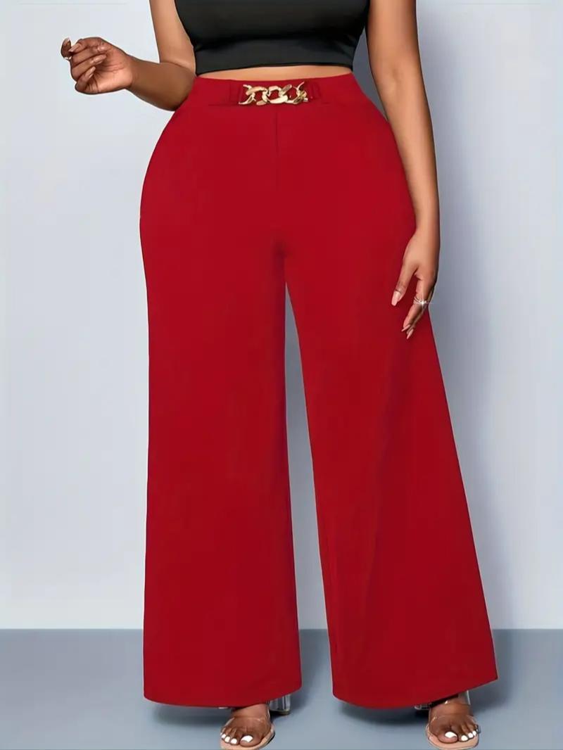 Women's Plus Size Wide Leg Pants, Fall Winter New Arrival, Belt Detail, Metal Chain Design, Casual Commuter Wear